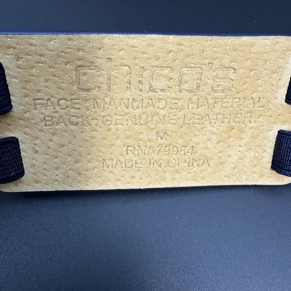 Chico's Women’s Leather and Elastic Expansion Belt Navy Blue Silver Hardware NWT